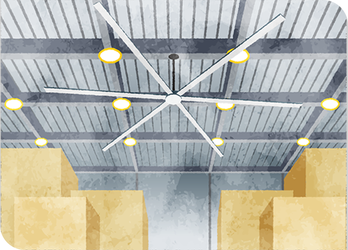 大型シーリングファンは倉庫・工場のような大空間で活躍